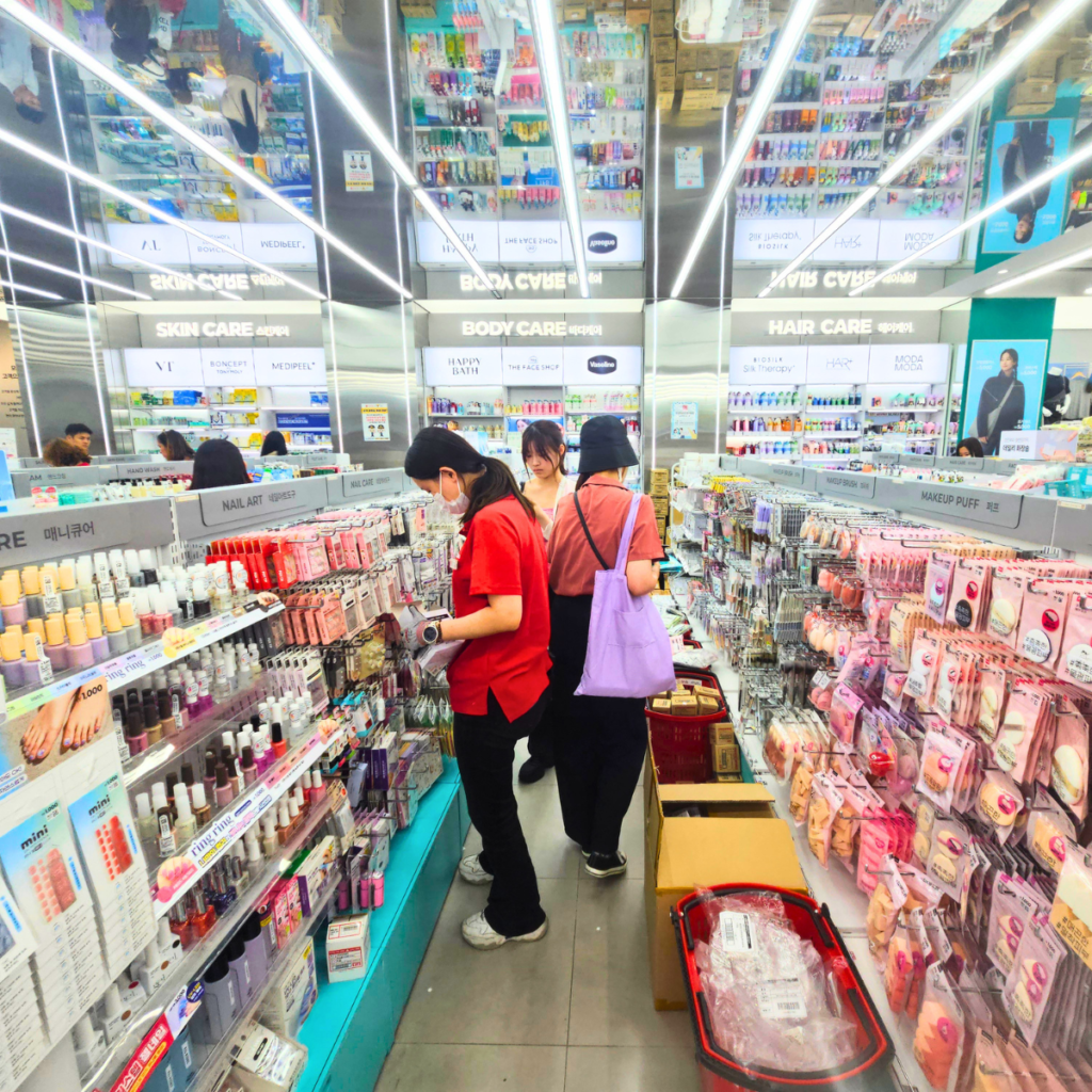 Daiso Korea beauty aisle with skincare and makeup