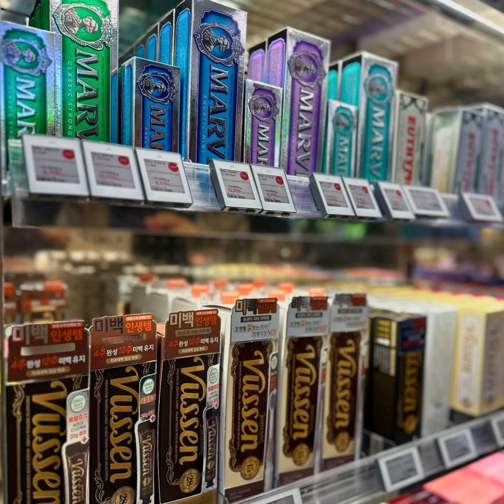 Vussen and Marvis premium toothpaste displayed in Korean retail store